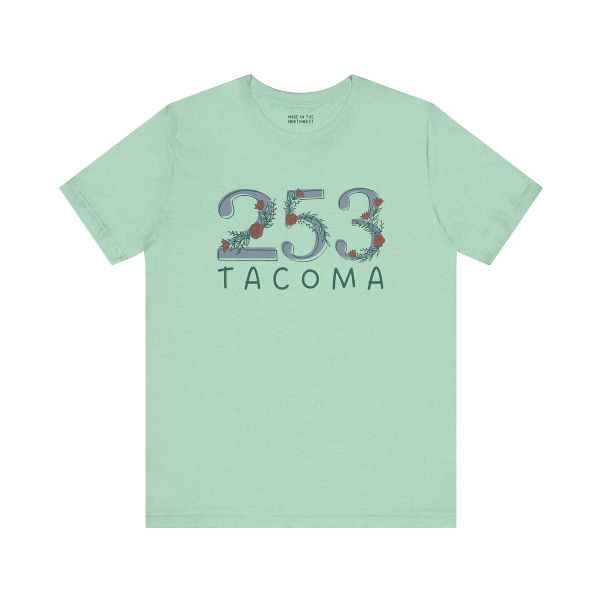 Floral 253 Tacoma soft tee in green, showcasing Pacific Northwest pride with stylish area code design.