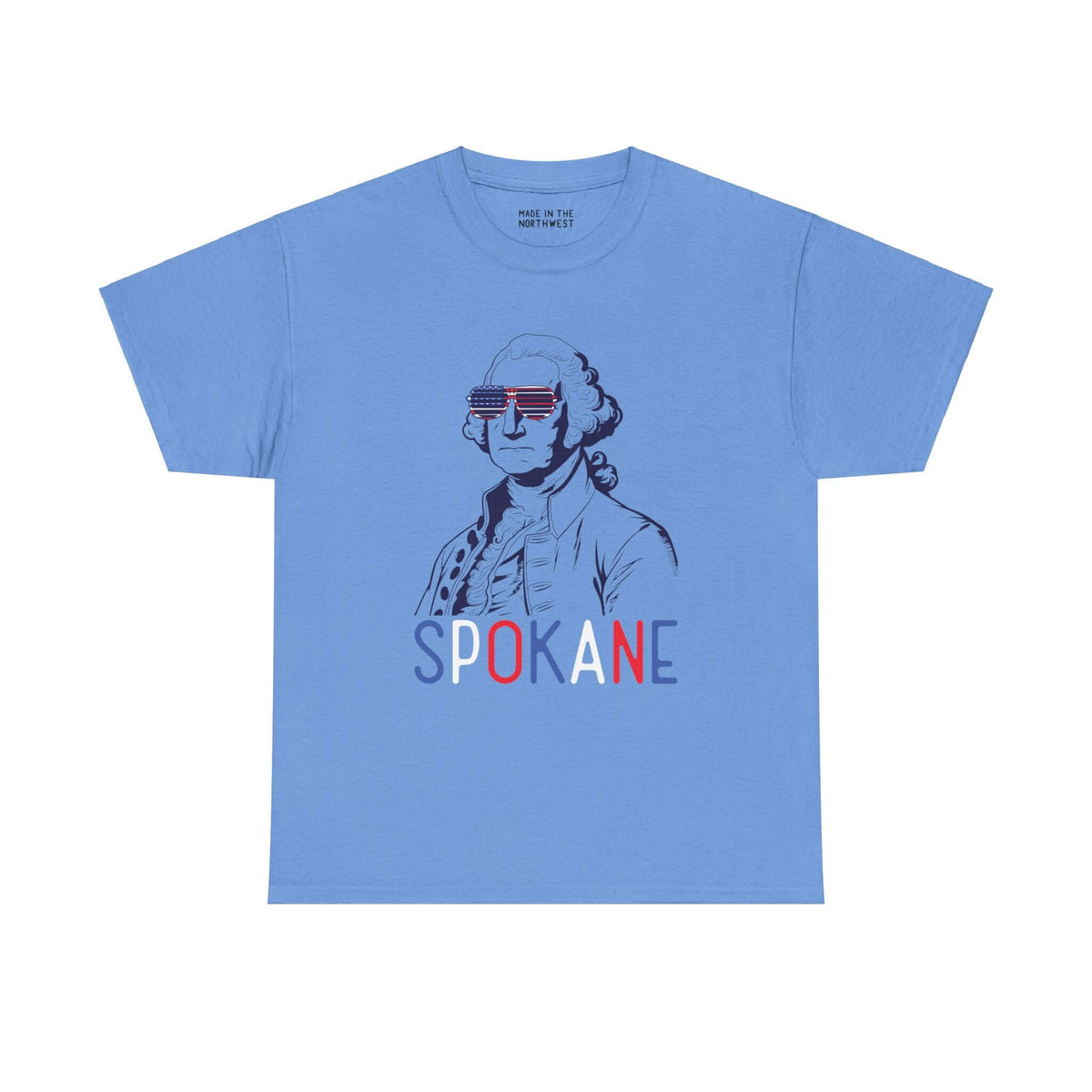 Blue tee featuring George Washington with USA sunglasses and "Spokane" text in patriotic colors, perfect for Fourth of July celebrations.