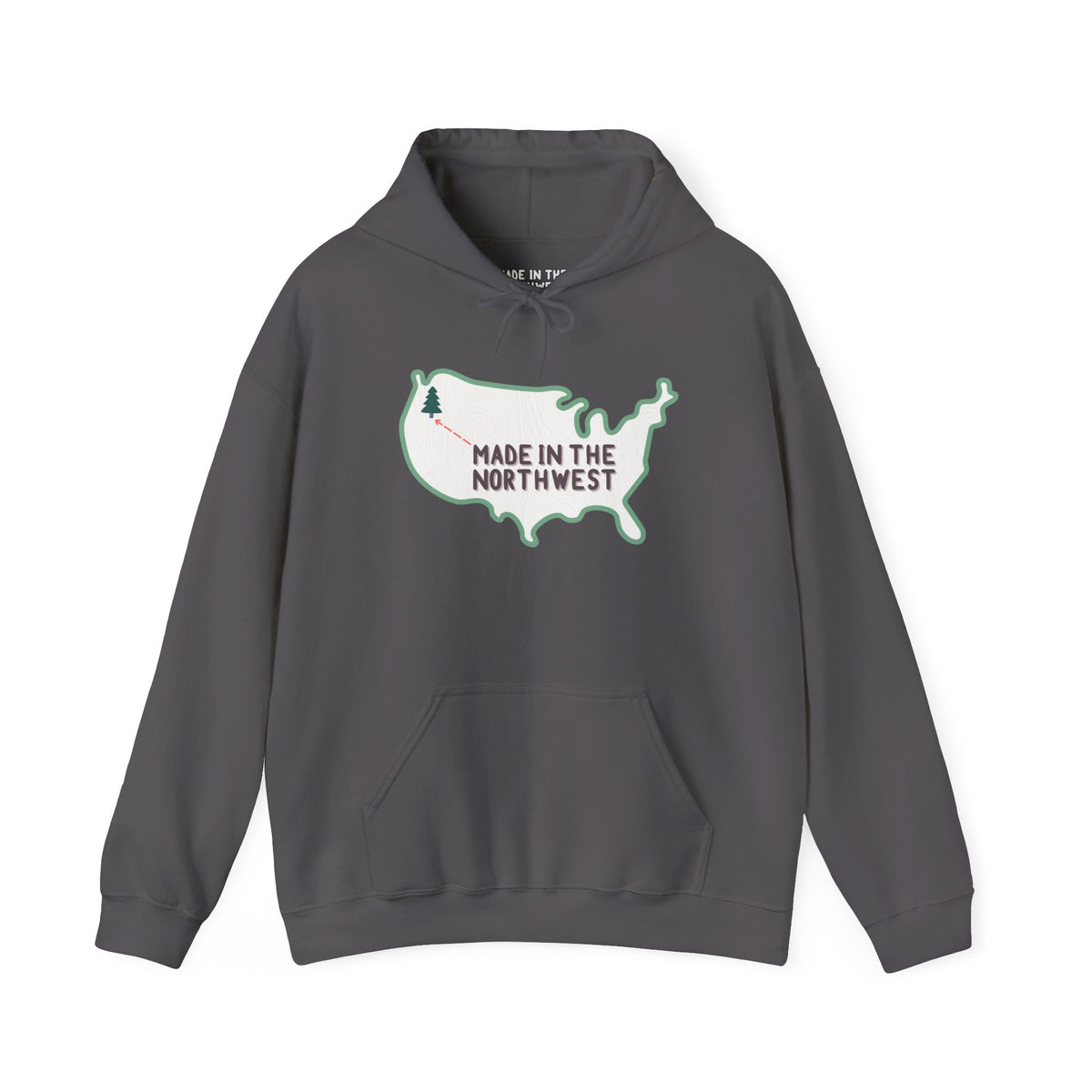 Cozy gray hoodie with a woodgrain USA graphic and 'Made in the Northwest' text, perfect for PNW pride.