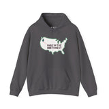 Cozy gray hoodie with a woodgrain USA graphic and 'Made in the Northwest' text, perfect for PNW pride.