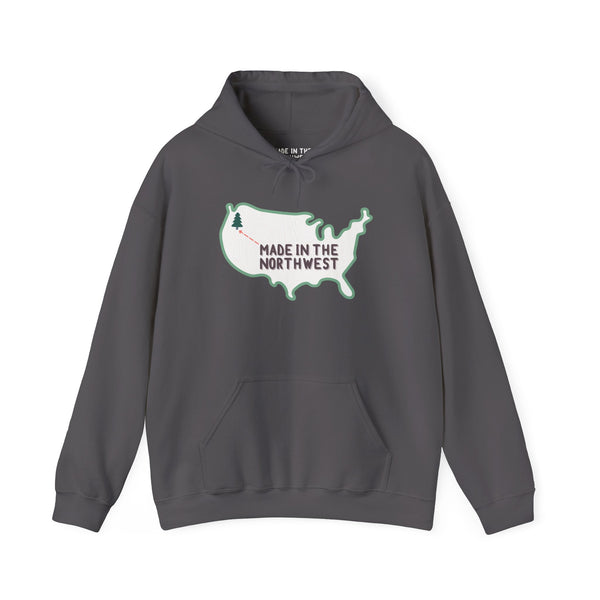 Cozy gray hoodie with a woodgrain USA graphic and 'Made in the Northwest' text, perfect for PNW pride.