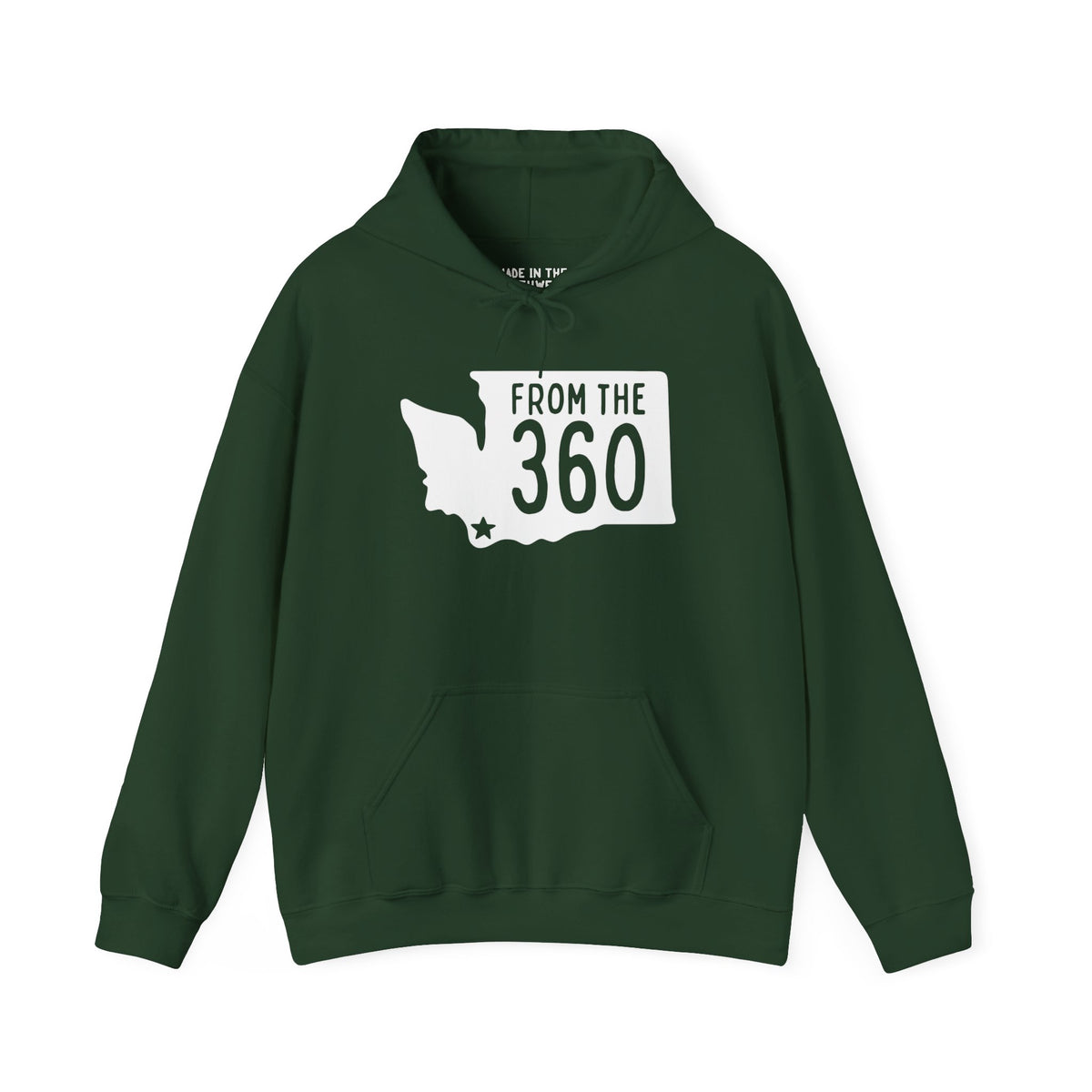From the 360 Cozy Hoodie in green with Washington state silhouette and Vancouver star, perfect for local pride.