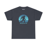 Squatchin' Ain't Easy athletic tee featuring Bigfoot silhouette on a blue circular design.