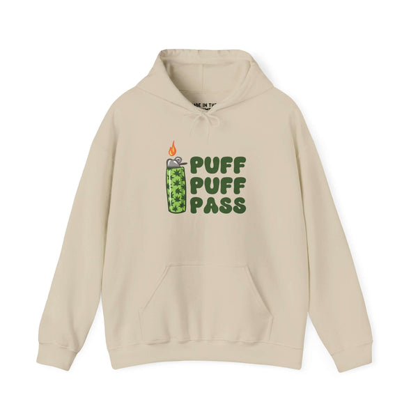 Puff Puff Pass cannabis lovers hooded sweatshirt with lighter and marijuana leaves design