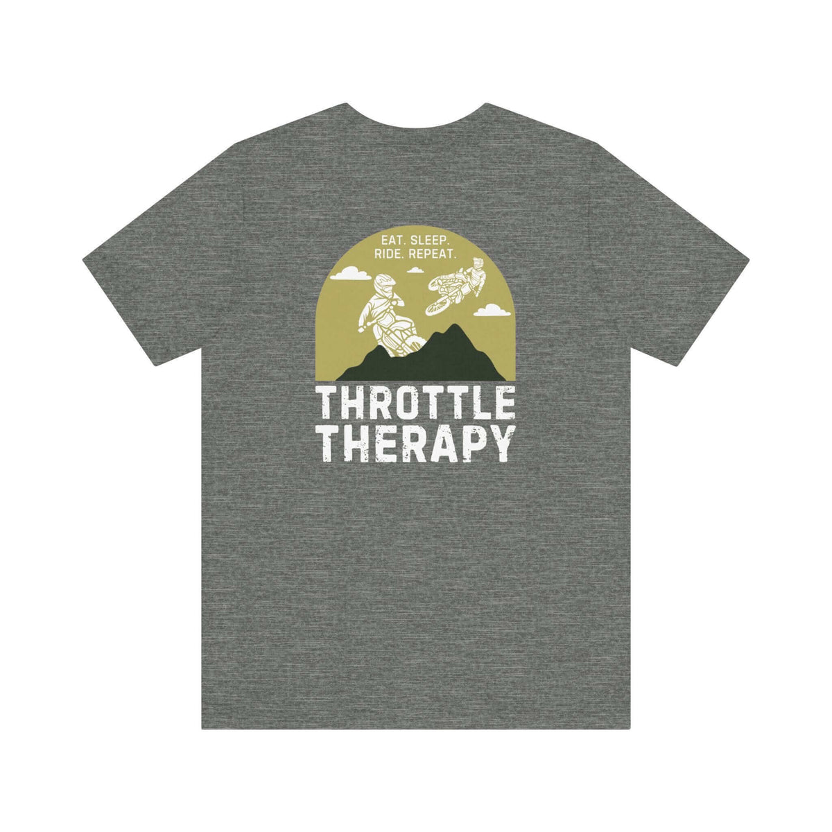 Gray "Throttle Therapy" tee with dirt bikers and mountain design, perfect for motocross enthusiasts seeking adventure.