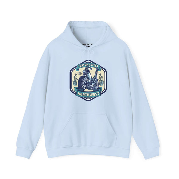 Light blue "Custom Cycles Northwest" hoodie with motorcycle logo design, perfect for motorcycle enthusiasts seeking style and comfort.