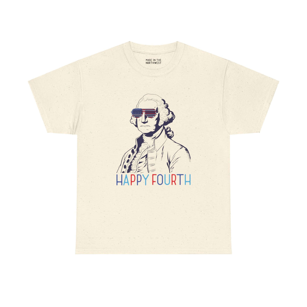 George Washington Fourth of July tee with USA sunglasses and "Happy Fourth" text in red, white, and blue on cream background.