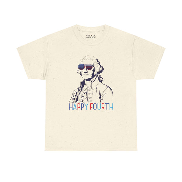 George Washington Fourth of July tee with USA sunglasses and "Happy Fourth" text in red, white, and blue on cream background.