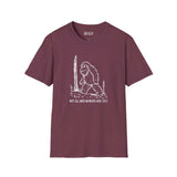 Bigfoot graphic t-shirt featuring the phrase 'Not All Who Wander Are Lost' in maroon color.