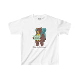 Kids' tee featuring a bear with backpack and map, perfect for young adventurers exploring the Northwest.