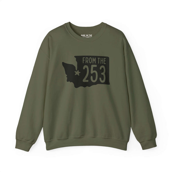 "From the 253 sweatshirt with Washington state silhouette and Tacoma star, green color"