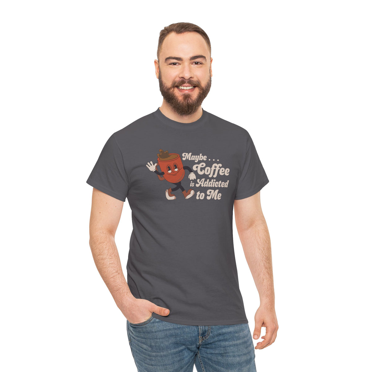 Man wearing the Maybe Coffee is Addicted to Me athletic tee, showcasing a playful coffee design and humor.