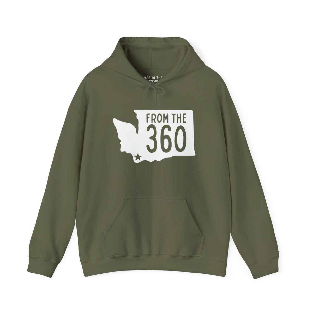 Olive green hoodie with "From the 360" on a Washington state silhouette, star marking Vancouver, showing local pride and area code.