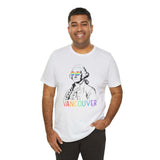 Man wearing George's Rainbow Vision Vancouver tee with rainbow lettering and George Washington in rainbow glasses, celebrating Pride.