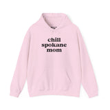 Chill Spokane Mom cozy hoodie in pastel pink, perfect for laid-back moms who love nature and outdoor adventures.
