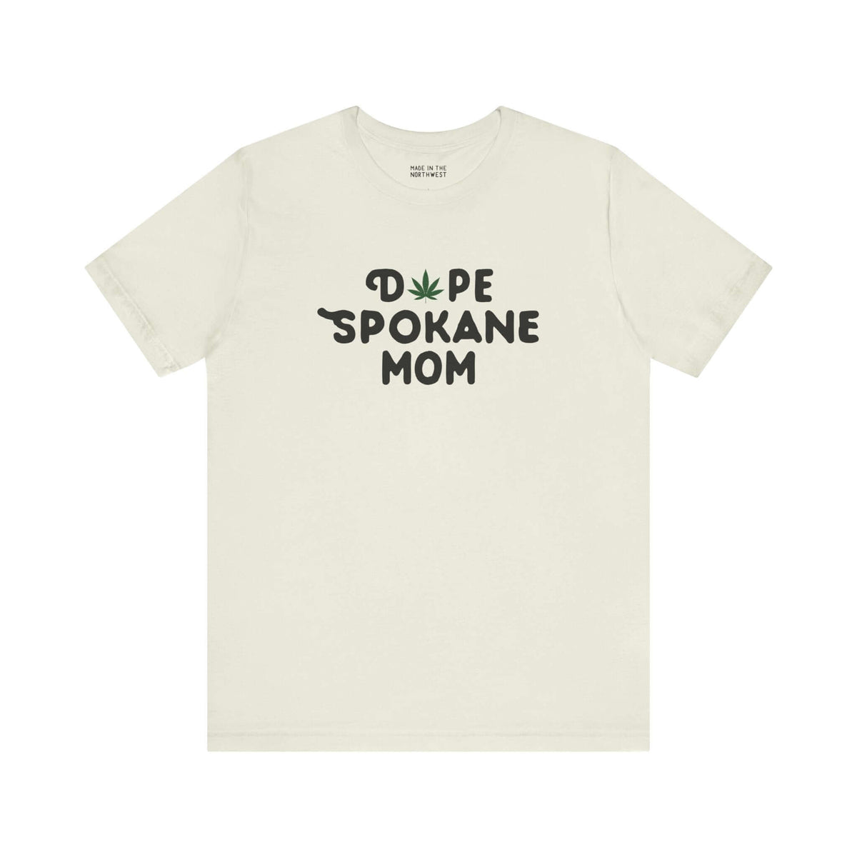 Light green tee featuring "Dope Spokane Mom" with marijuana leaf design, perfect for trendy moms in Spokane.