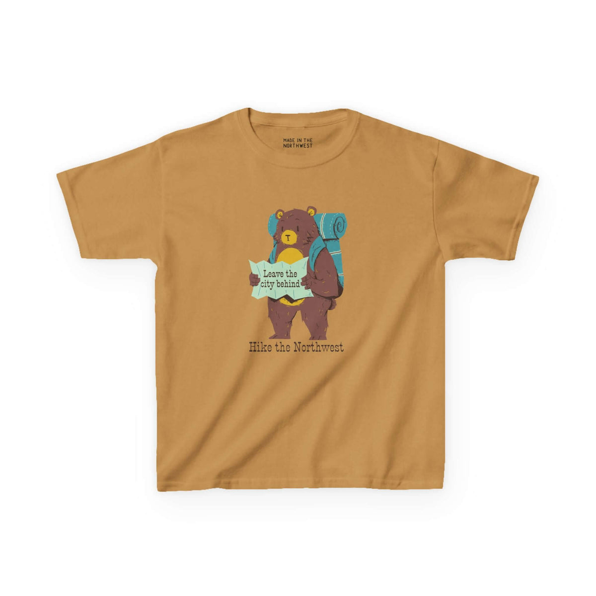 Kids' tee featuring a bear with a backpack and map, perfect for outdoor adventures in the Northwest.