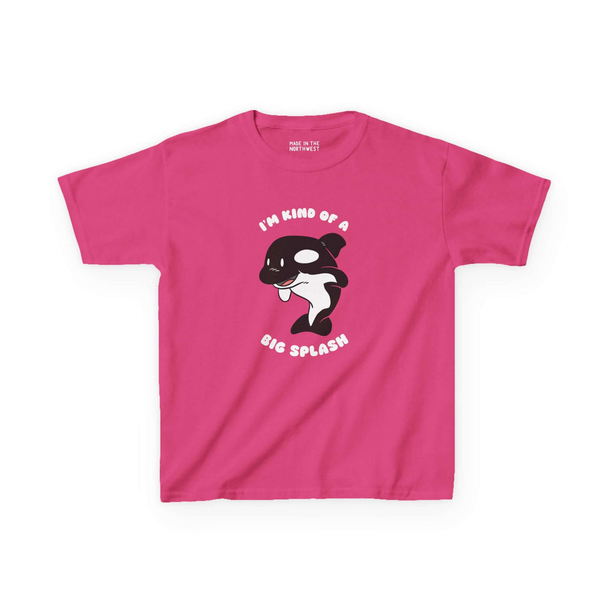 Pink kids' tee featuring a playful orca and the phrase 'I'm Kind of a Big Splash' for ocean-loving children.