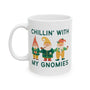 Chillin With My Gnomies Mug featuring whimsical gnome illustrations and vibrant colors, perfect for cozy drinks.