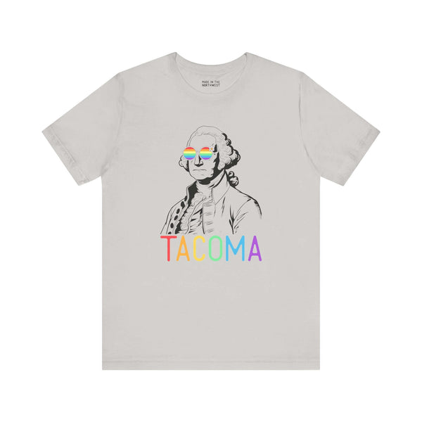 George's Rainbow Vision Tacoma tee with rainbow glasses and Tacoma text, celebrating Pride and inclusivity in Washington state.