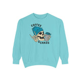 Coffee and Chaos sweatshirt with a skeleton holding a coffee, perfect for caffeine-loving morning chaos.