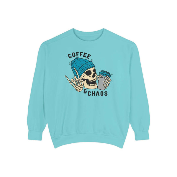 Coffee and Chaos sweatshirt with a skeleton holding a coffee, perfect for caffeine-loving morning chaos.