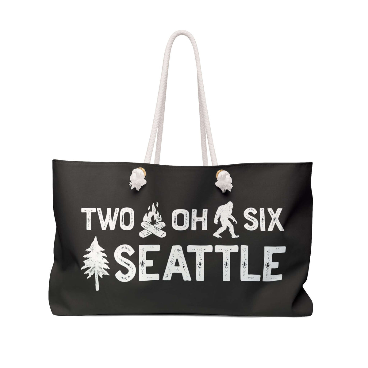 Two Oh Six Roots Seattle Adventure Weekender Bag featuring axe and tree design, perfect for adventures.