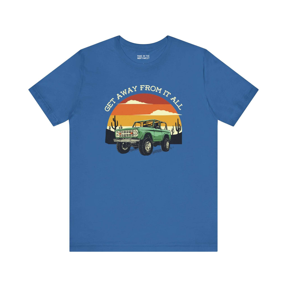 Vintage Bronco graphic tee, blue color, with sunset design and 'Get Away From It All' text, perfect for adventure enthusiasts.