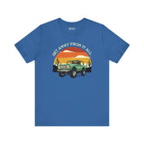 Vintage Bronco graphic tee, blue color, with sunset design and 'Get Away From It All' text, perfect for adventure enthusiasts.