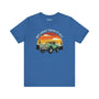 Vintage Bronco graphic tee, blue color, with sunset design and 'Get Away From It All' text, perfect for adventure enthusiasts.