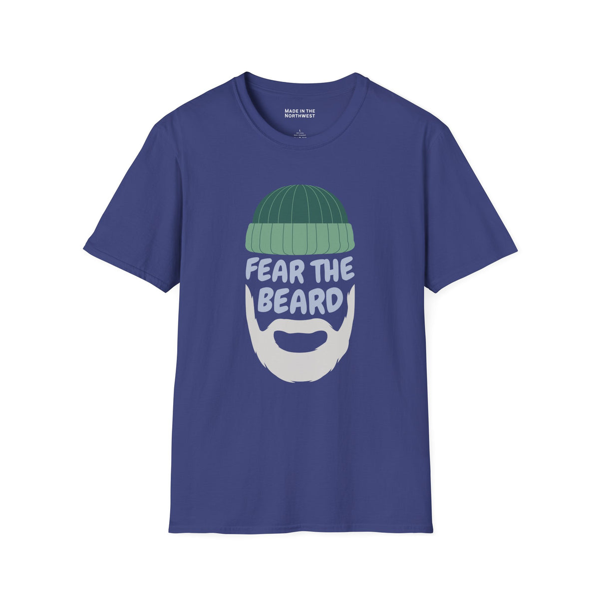 Fear the Beard Lumberjack Softstyle T-Shirt in navy blue featuring a graphic beard design.