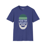 Fear the Beard Lumberjack Softstyle T-Shirt in navy blue featuring a graphic beard design.