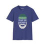 Fear the Beard Lumberjack Softstyle T-Shirt in navy blue featuring a graphic beard design.