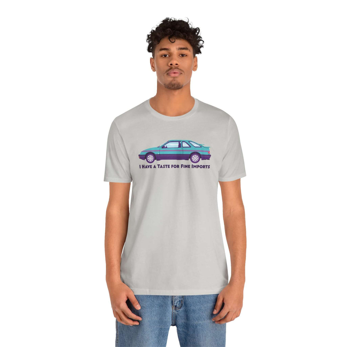 Model wearing I Have a Taste for Fine Imports tee featuring 80s Merkur XR4TI design.
