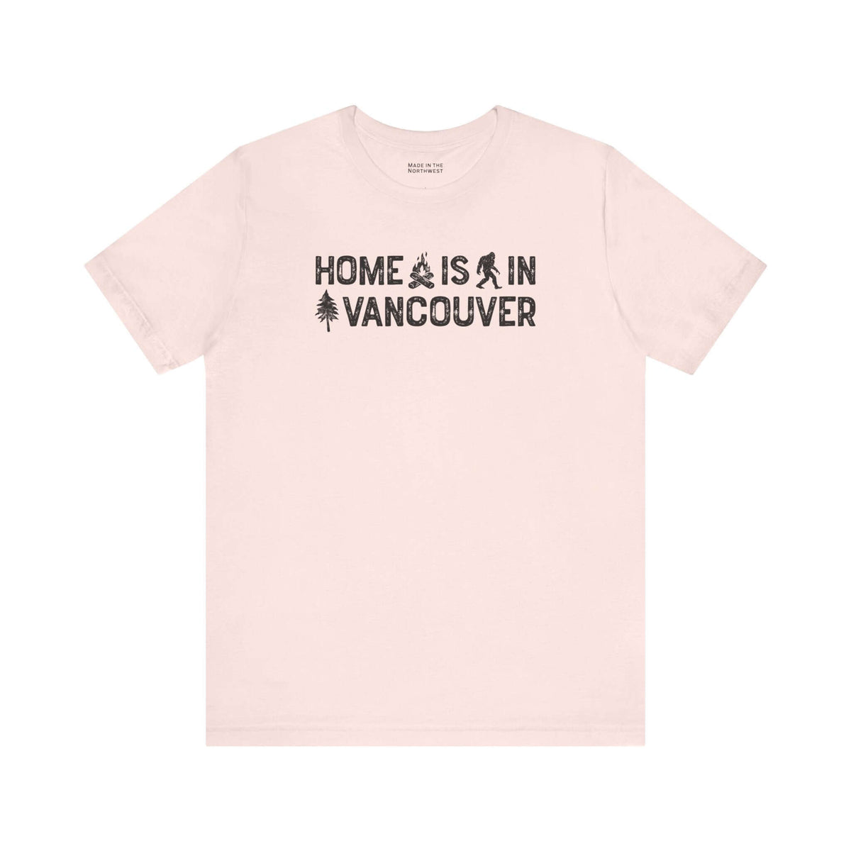Home Is in Vancouver Tee featuring campfire, Bigfoot, and tree graphics, showcasing PNW Couve Pride.