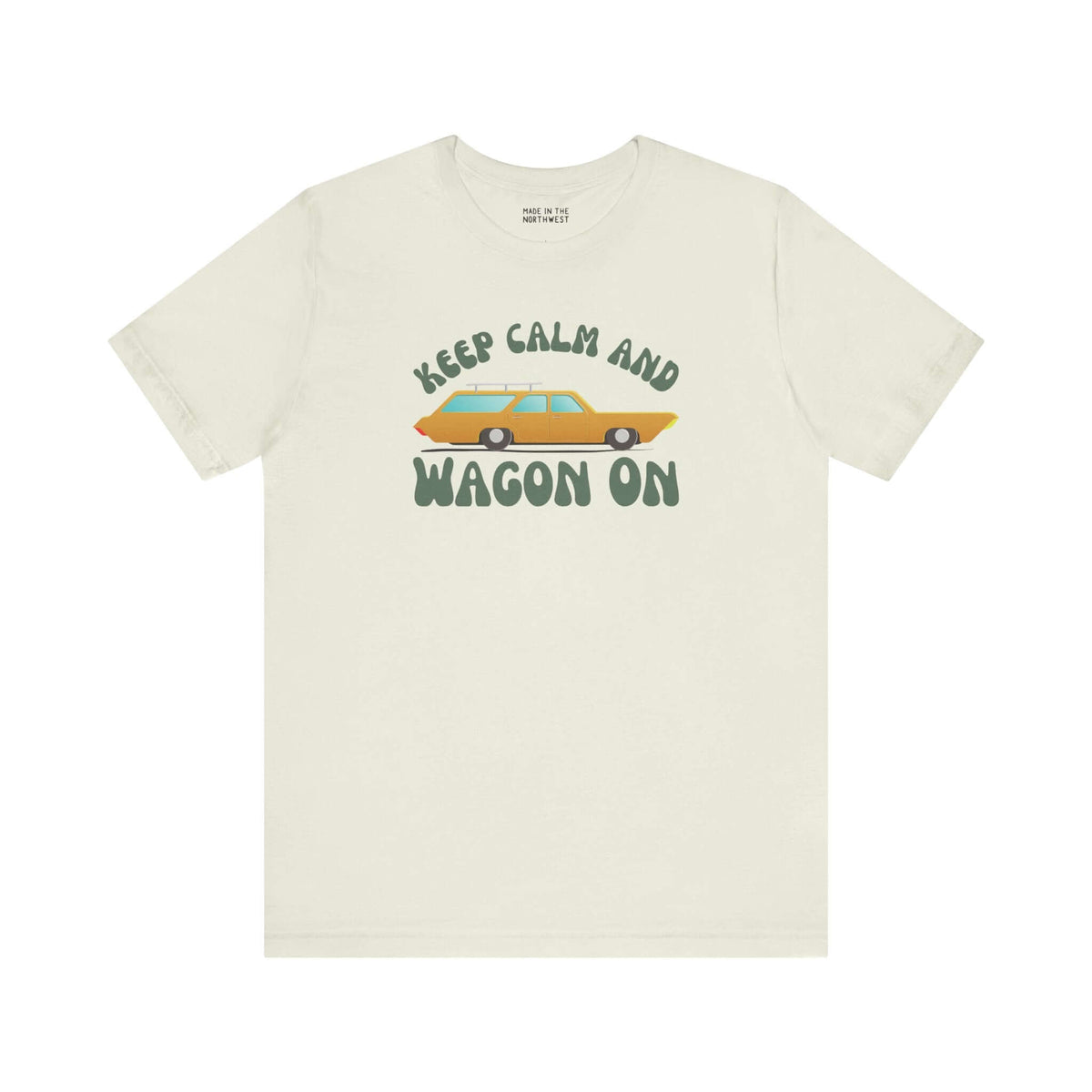 Keep Calm and Wagon On premium soft tee featuring a vintage '68 Chevelle wagon graphic.