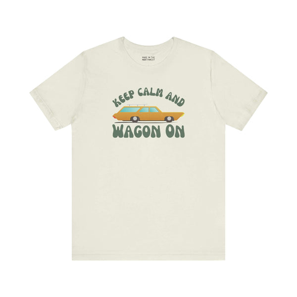Keep Calm and Wagon On premium soft tee featuring a vintage '68 Chevelle wagon graphic.