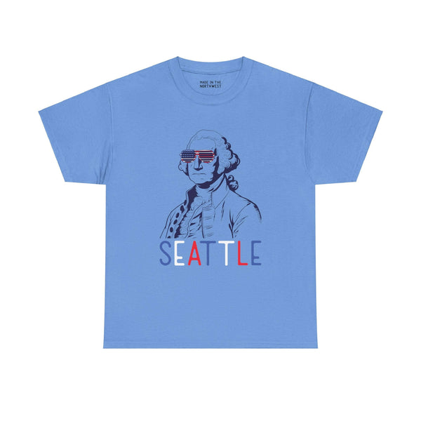 Blue Seattle t-shirt featuring George Washington with USA sunglasses, perfect for Fourth of July celebrations and Seattle pride.