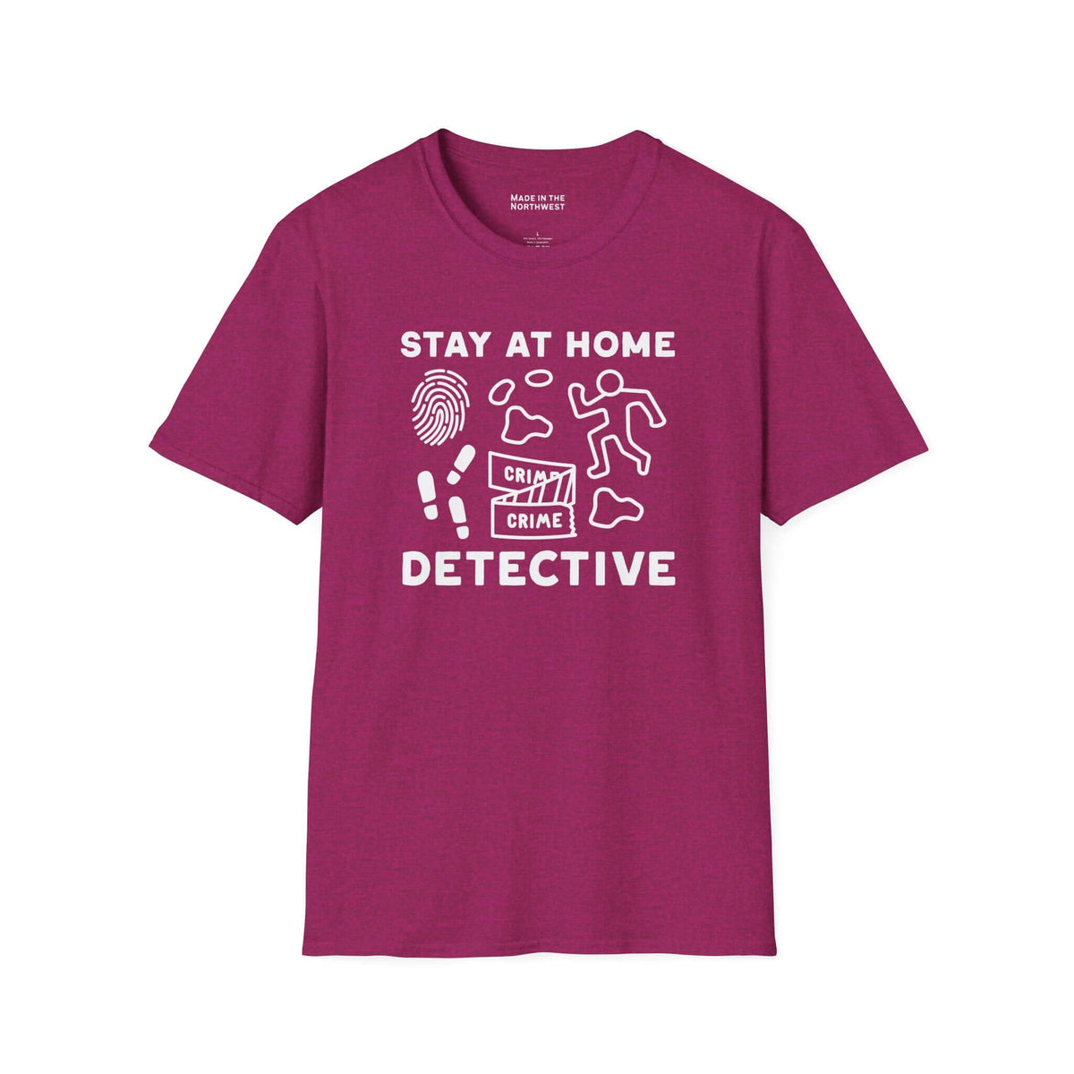 Stay at Home Detective T Shirt featuring a playful crime scene graphic and the text 'Stay at Home Detective'.