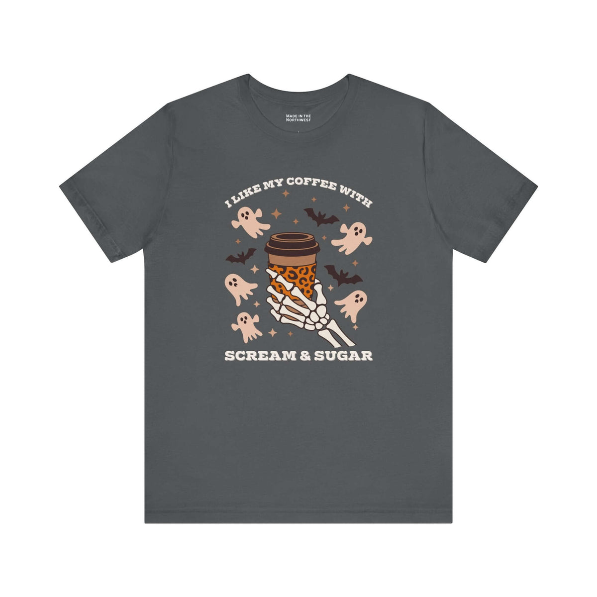 I Like My Coffee with Scream and Sugar Halloween Premium Soft Tee featuring skeleton hand and spooky elements.
