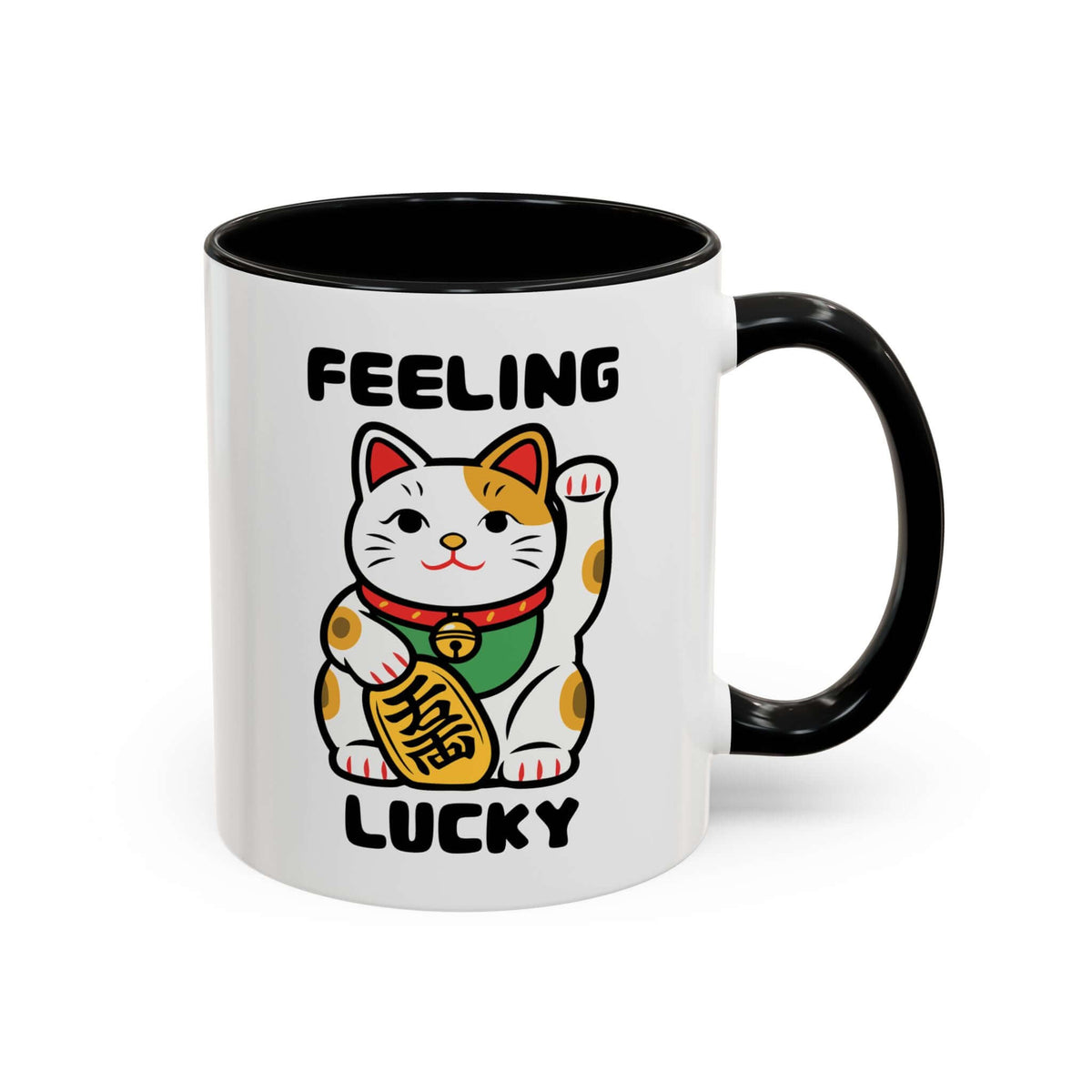 Feeling Lucky Cat Mug - Cute Maneki-Neko Illustration with a cheerful cat raising its paw.
