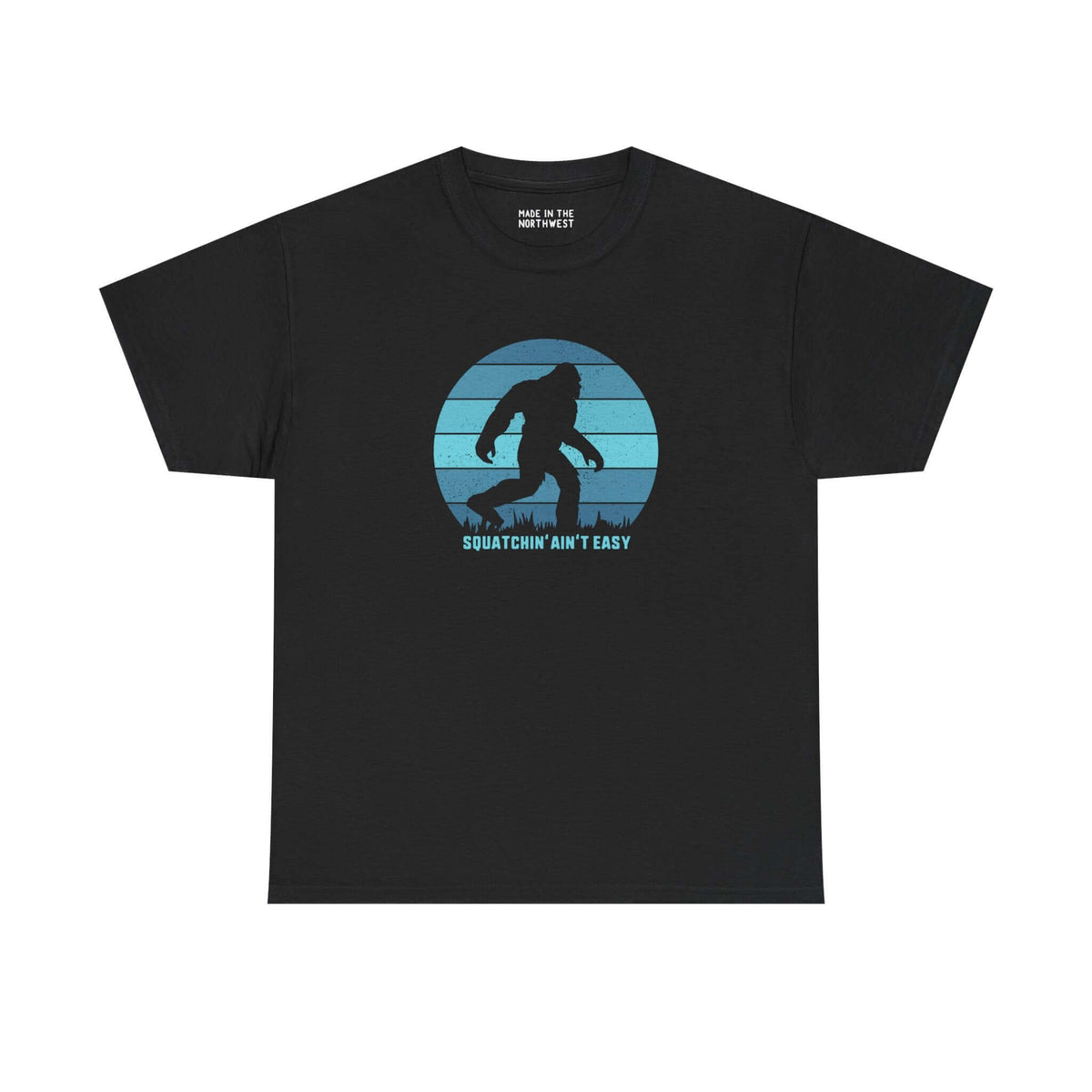 Squatchin' Ain't Easy athletic tee featuring Bigfoot silhouette on black fabric.