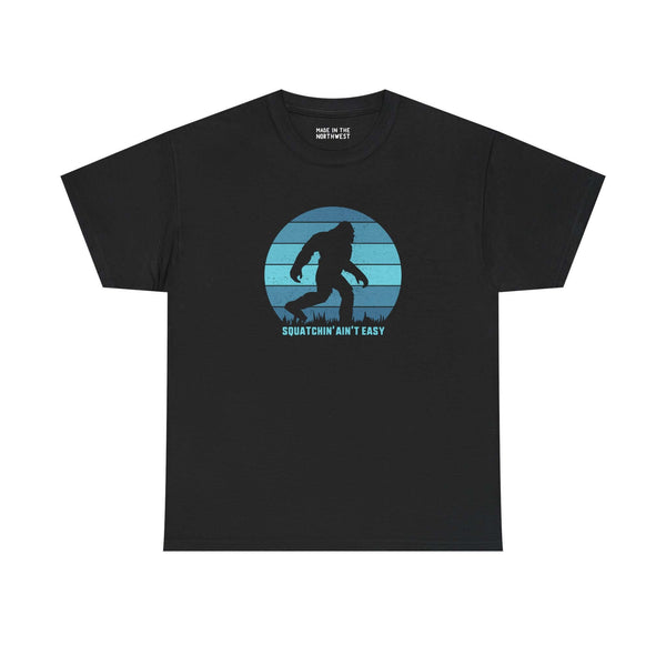 Squatchin' Ain't Easy athletic tee featuring Bigfoot silhouette on black fabric.