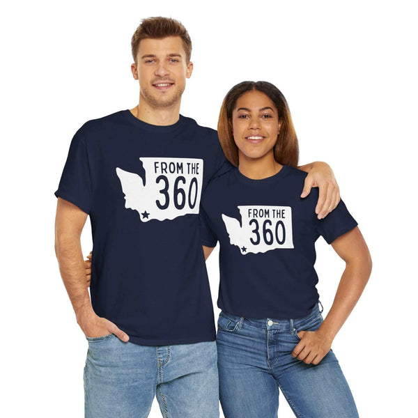 Couple wearing "From the 360" t-shirts with Washington state silhouette and Vancouver star, showcasing local pride.