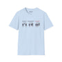 Light blue manual driving t-shirt featuring 'Up Shift, Down Shift, Oh Sh!t' graphic with pedal layout.