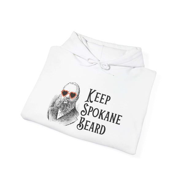 Keep Spokane Beard hoodie showcasing a bearded man in heart-shaped shades, perfect for outdoor enthusiasts.