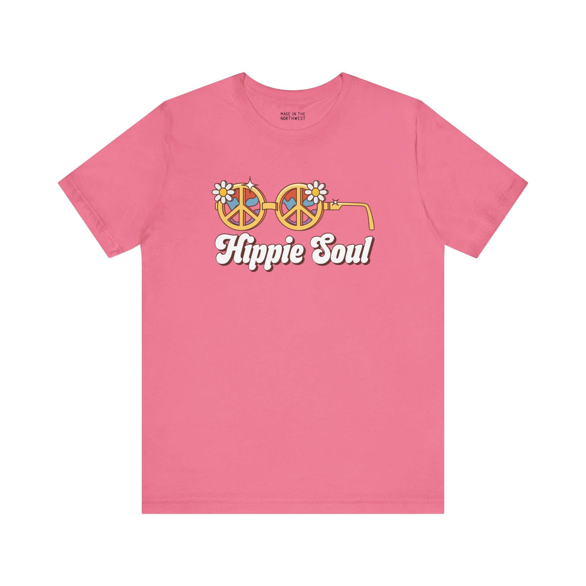 Hippie Soul retro peace tee featuring vibrant flower glasses on a pink t-shirt, perfect for free spirits and vintage lovers.