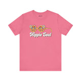 Hippie Soul retro peace tee featuring vibrant flower glasses on a pink t-shirt, perfect for free spirits and vintage lovers.