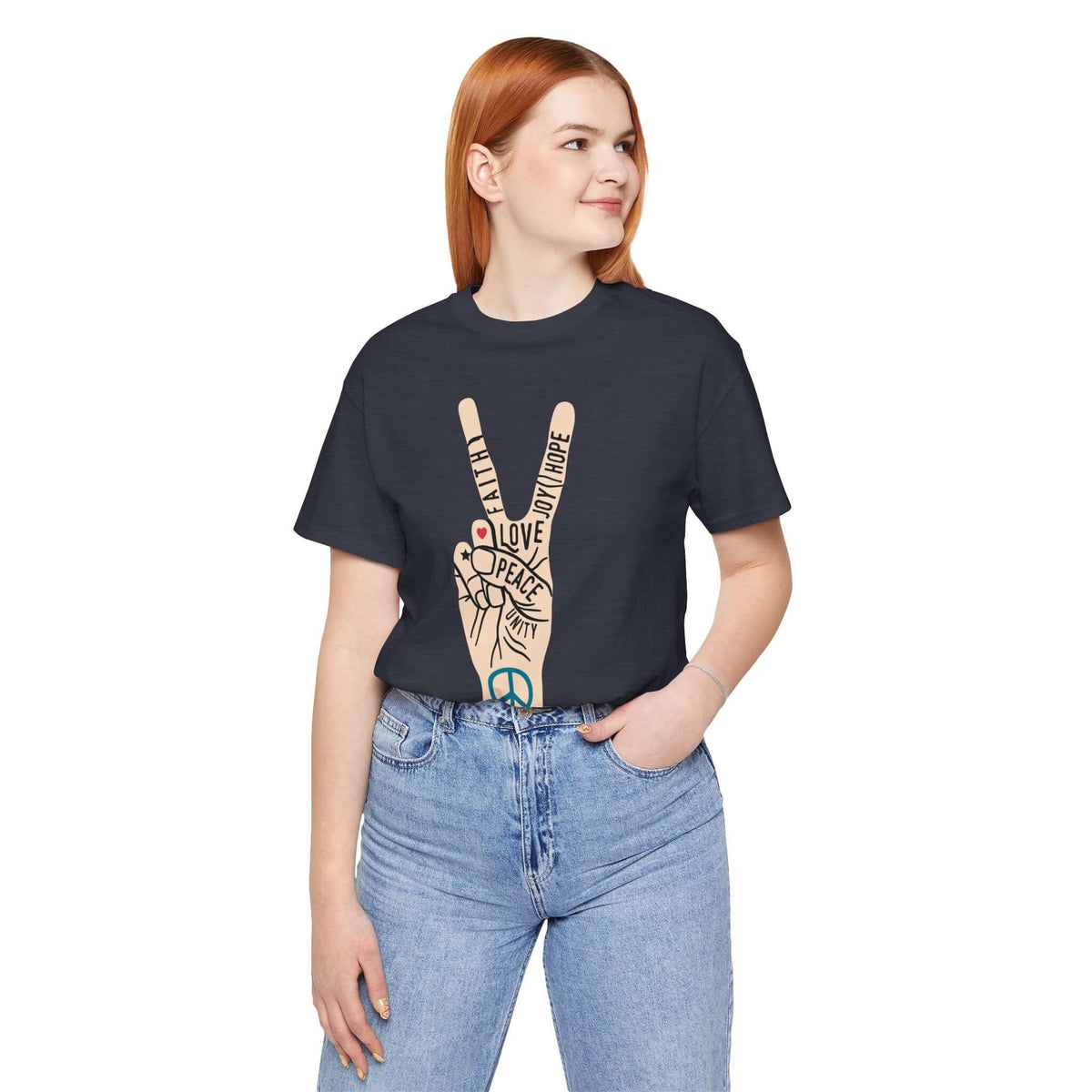 Woman wearing Power in Peace Premium Soft Tee with peace sign and uplifting words promoting positivity and unity.