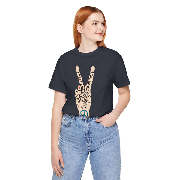 Woman wearing Power in Peace Premium Soft Tee with peace sign and uplifting words promoting positivity and unity.